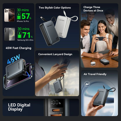 Power Up Your Adventures: 45W Fast Charging 20000mAh Power Bank with Built-in Cables for All Your Devices