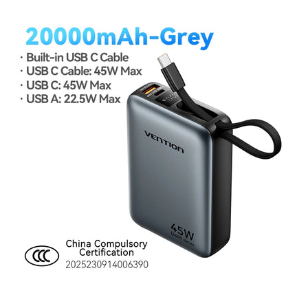 Power Up Your Adventures: 45W Fast Charging 20000mAh Power Bank with Built-in Cables for All Your Devices