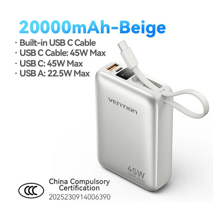 Power Up Your Adventures: 45W Fast Charging 20000mAh Power Bank with Built-in Cables for All Your Devices